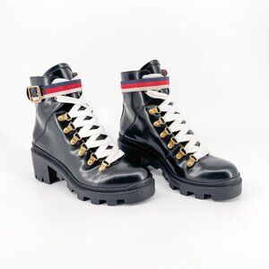Gucci Sylvie Trip Black Leather Lace Up Combat Boots Size 36.5 US 6.5 Women's